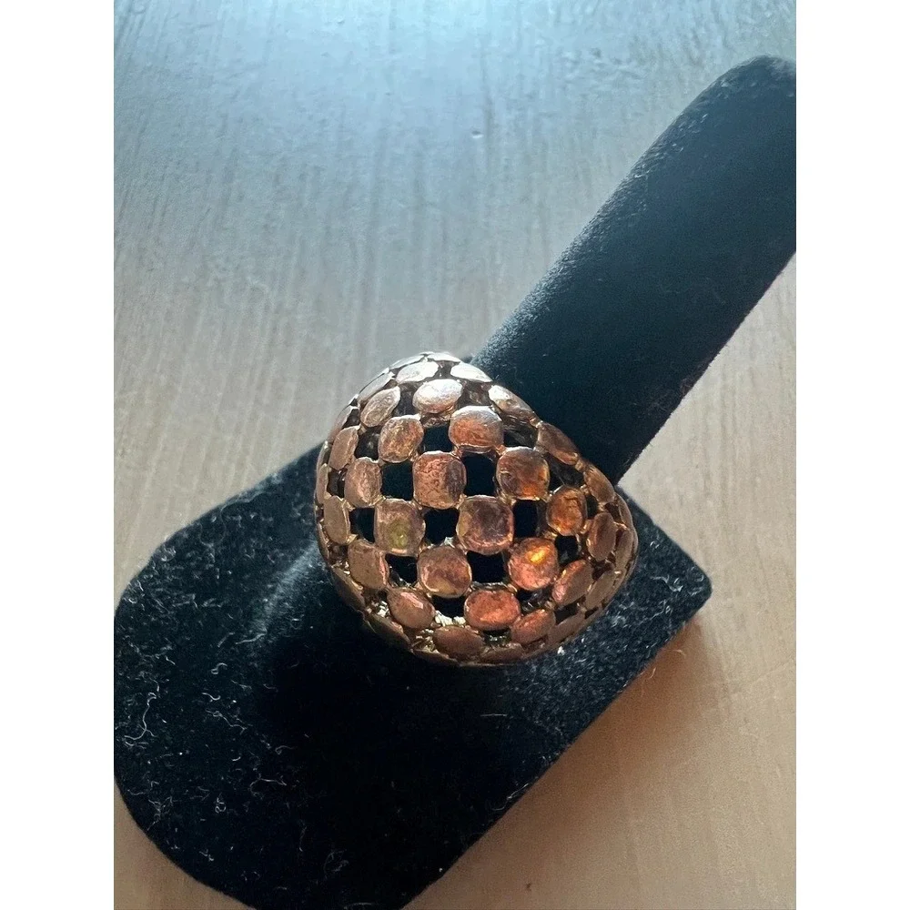 Dome Stretch Ring Copper Tone Lattice Statement Adjustable Metallic Industrial